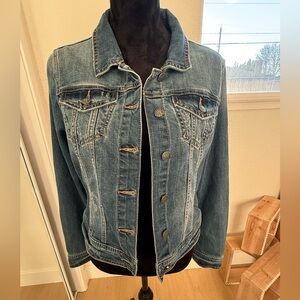 PrAna Organic Cotton Denim Jacket Size Large Fitted Stretch Jean Jacket